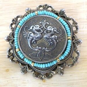 Vintage SANDOR Silver Tone Pin Brooch Turquoise Dragons EUC